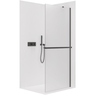 CERANO - Sprchová zástěna Walk-in Onyx Y L/P - 8 mm - kulatá vzpěra + polička/držák na ručníky - černá matná, mléčné sklo - 30x200 cm