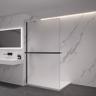 CERANO - Sprchová zástěna Walk-in Onyx Y L/P - 8 mm - kulatá vzpěra + polička/držák na ručníky - černá matná, mléčné sklo - 30x200 cm