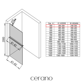 CERANO - Sprchová zástěna Walk-in Onyx Y L/P - 8 mm - kulatá vzpěra + polička/držák na ručníky - černá matná, mléčné sklo - 30x200 cm