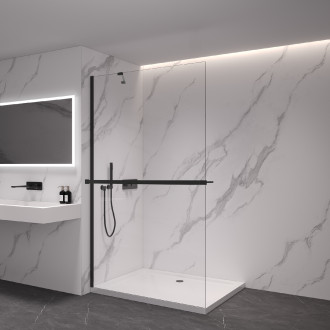 CERANO - Sprchová zástěna Walk-in Onyx Y L/P - polička/držák na ručníky - černá matná, transparentní sklo - 60x200 cm