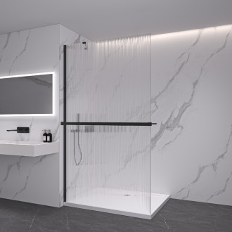 CERANO - Sprchová zástěna Walk-in Onyx Y L/P + polička/držák na ručníky - černá matná, rýhované sklo - 50x200 cm