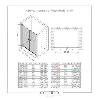 CERANO Sprchové 2-křídlové dveře Antelo L/P černá mat, transparent sklo 130x190