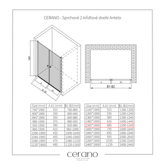 CERANO Sprchové 2-křídlové dveře Antelo L/P černá mat, transparent sklo 150x190