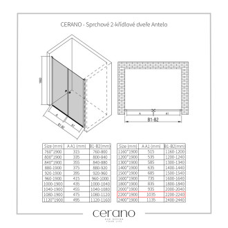 CERANO Sprchové 2-křídlové dveře Antelo L/P černá mat, transparent sklo 220x190 CER-482119