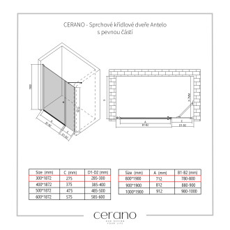 CERANO Sprchové křídlové dveře Antelo L/P černá matná, transp.sklo 80x30 cm CER-435698