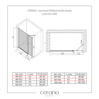CERANO Sprchové křídlové dveře Antelo L/P černá matná, transp.sklo 90x30 cm CER-435806