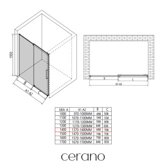 CERANO Sprchové posuvné dveře Lantono L/P černá mat, grafitové sklo 140x195 CER-8050BD7239