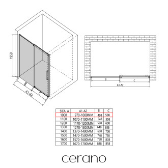 CERANO Sprchové posuvné dveře Lantono L/P černá matná, transp.sklo 100x195 cm CER-432040