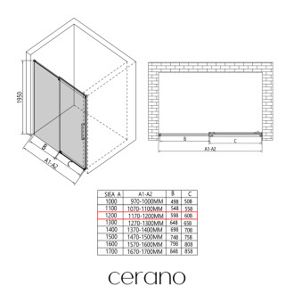 CERANO Sprchové posuvné dveře Lantono L/P černá matná, transp.sklo 120x195 cm CER-432046