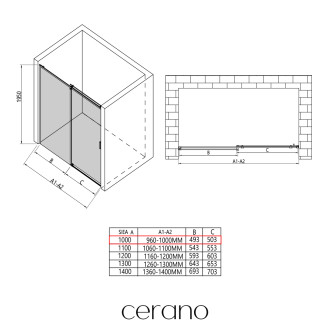 CERANO Sprchové posuvné dveře Santoro L/P černá matná, transp.sklo 100x195 cm CER-429730