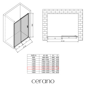 CERANO Sprchové posuvné dveře Varone LINE L/P černá mat, transparent sklo 140x195
