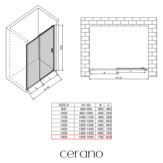 CERANO - Sprchové posuvné dveře Varone LINE L/P - černá matná, transparentní sklo - 160x195 cm