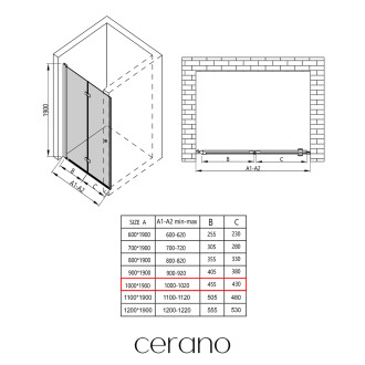 CERANO Sprchové skládací dveře Volpe L/P černá matná, transp.sklo 100x190 cm CER-423334