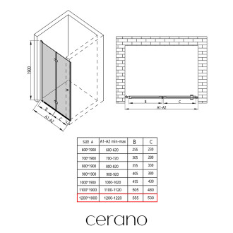 CERANO Sprchové skládací dveře Volpe L/P černá mat, transparent sklo 120x190