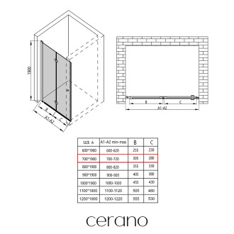 CERANO Sprchové skládací dveře Volpe L/P černá matná, transp.sklo 70x190 cm CER-423325