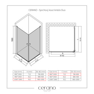 CERANO Sprchový kout Antelo Duo L/P černá mat, transparent sklo 100x80 křídlový