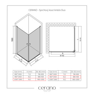CERANO Sprchový kout Antelo Duo L/P černá mat, transparent sklo 100x90 křídlový