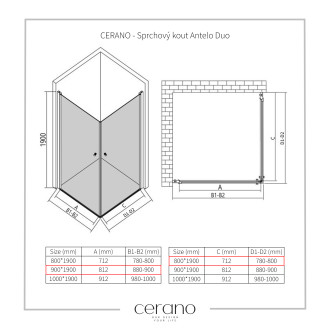 CERANO Sprchový kout Antelo Duo L/P černá mat, transparent sklo 90x80 křídlový