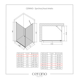 CERANO Sprchový kout Antelo L/P černá mat, transparent sklo 70x80 křídlový