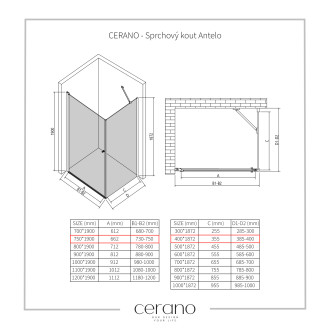 CERANO Sprchový kout Antelo L/P černá mat, transparent sklo 75x40 křídlový CER-482179