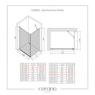 CERANO Sprchový kout Antelo L/P černá mat, transparent sklo 75x60 křídlový CER-482185