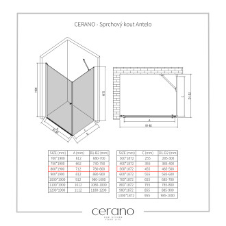 CERANO - Sprchový kout Antelo L/P - černá matná, transparentní sklo - 80x50 cm - křídlový