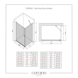 CERANO - Sprchový kout Antelo L/P - černá matná, transparentní sklo - 90x50 cm - křídlový