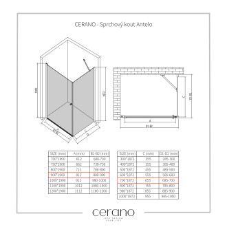 CERANO Sprchový kout Antelo L/P černá mat, transparent sklo 90x70 křídlový