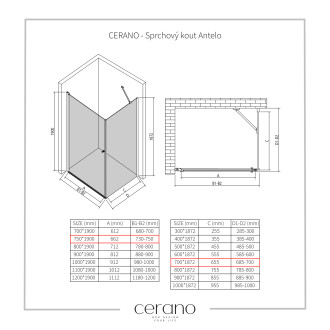 CERANO Sprchový kout Antelo L/P chrom, transparent sklo 75x70 křídlový CER-8050BD7507