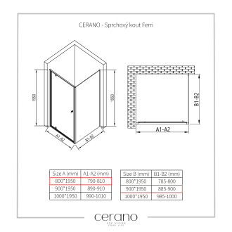 CERANO Sprchový kout Ferri L/P černá matná, transparentní sklo 80x90cm křídlový CER-427474