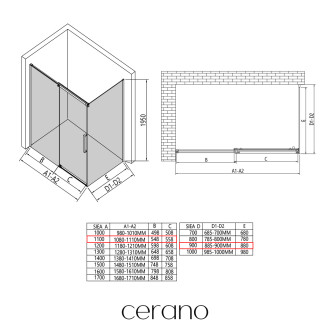 CERANO Sprchový kout Lantono L/P černá matná, transp.sklo 110x90 cm posuvný CER-433094