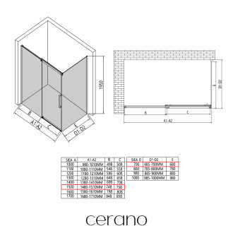 CERANO Sprchový kout Lantono L/P černá matná, transp.sklo 150x70 cm posuvný CER-433184
