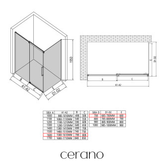 CERANO Sprchový kout Lantono L/P černá matná, transp.sklo 160x70 cm posuvný CER-433214