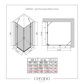 CERANO Sprchový kout Marino Duo L/P černá matná, transp.sklo 110x110cm křídlový CER-423042