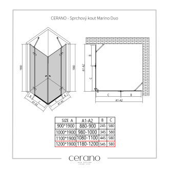 CERANO Sprchový kout Marino Duo L/P černá matná, transp.sklo 120x120cm křídlový CER-423045