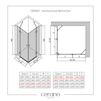 CERANO Sprchový kout Marino Duo L/P chrom, transparent sklo 110x90 křídlový