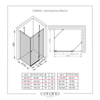 CERANO Sprchový kout Marino L/P černá matná, transp.sklo 100x70 cm křídlový CER-422868