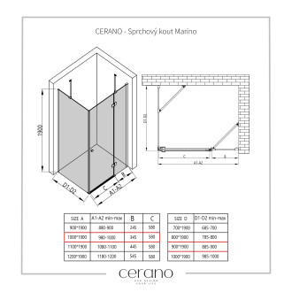 CERANO Sprchový kout Marino L/P černá matná, transp.sklo 100x90 cm křídlový CER-422877
