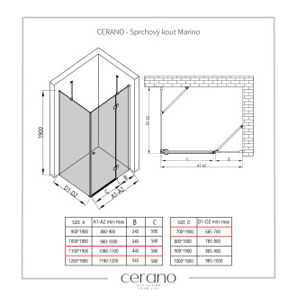 CERANO Sprchový kout Marino L/P černá matná, transp.sklo 110x70 cm křídlový CER-422883