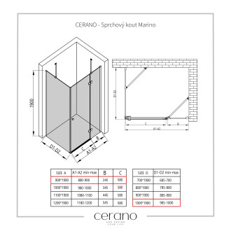 CERANO Sprchový kout Marino L/P černá matná, transp.sklo 90x100 cm křídlový CER-422865