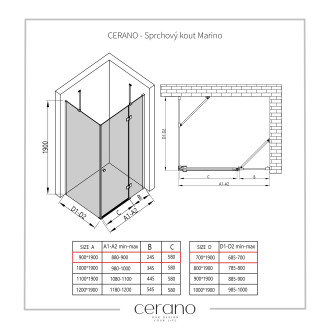 CERANO Sprchový kout Marino L/P černá matná, transp.sklo 90x70 cm křídlový CER-422844
