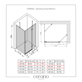 CERANO Sprchový kout Marino L/P černá matná, transp.sklo 90x80 cm křídlový CER-422856
