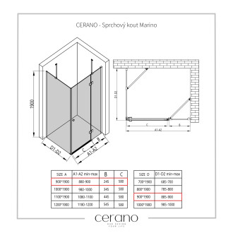 CERANO Sprchový kout Marino L/P černá matná, transp.sklo 90x90 cm křídlový CER-422862