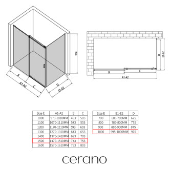 CERANO Sprchový kout Santoro L/P 8mm černá mat, transparent sklo 150x100 posuvný