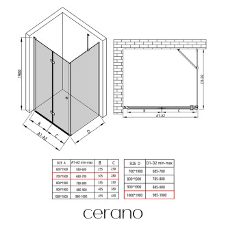 CERANO Sprchový kout Volpe L/P černá matná, transp.sklo 70x100cm skládací CER-427309