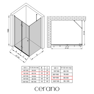 CERANO Sprchový kout Volpe L/P černá matná, transparentní sklo 70x90cm skládací CER-427306