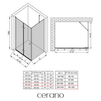 CERANO Sprchový kout Volpe L/P černá matná, transp.sklo 90x100cm skládací CER-427336