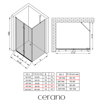 CERANO Sprchový kout Volpe L/P černá matná, transparentní sklo 90x70cm skládací CER-427327