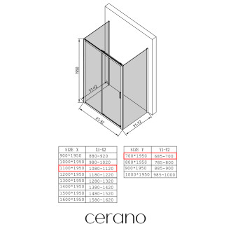 CERANO - Sprchový kout Varone LINE U L/P - 6 mm - černá matná, transparentní sklo - 110x70 cm - posuvný