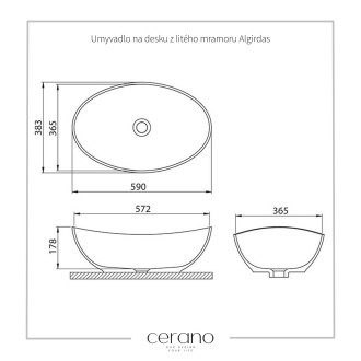 CERANO Umyvadlo na desku z litého mramoru Algirdas bílá lesklá 59x38,3 cm CER-395751